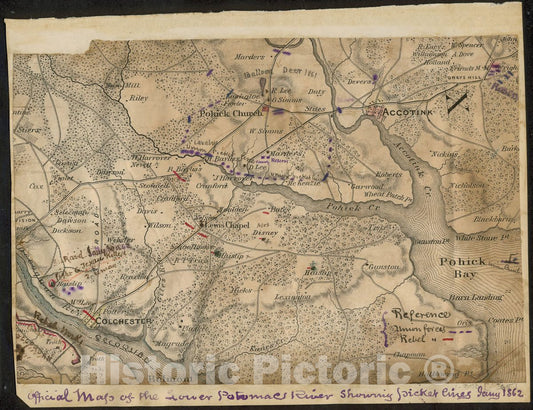 Historic 1862 Map - Official map of The Lower Potomac River Picket Lines Jany 1862.