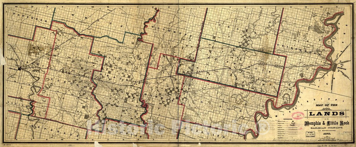 Historic 1878 Map - Map of The Lands of The Memphis & Little Rock Railroad Company (as reorganized) 1878.