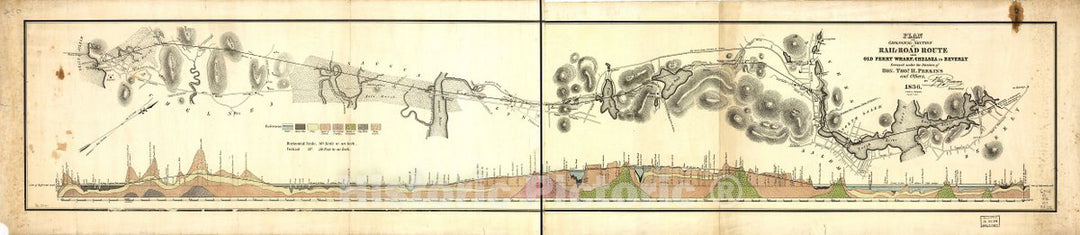Historic 1836 Map - Plan and Geological Section of a Rail-Road Route from Old Ferry Wharf, Chelsea to Beverly.