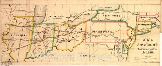 Historic 1850 Map - Map of Peru and Indianapolis Rail Road with Connections.
