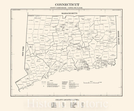 Historic 1971 Map - Connecticut; County subdivisions, Towns and Places. 1970.