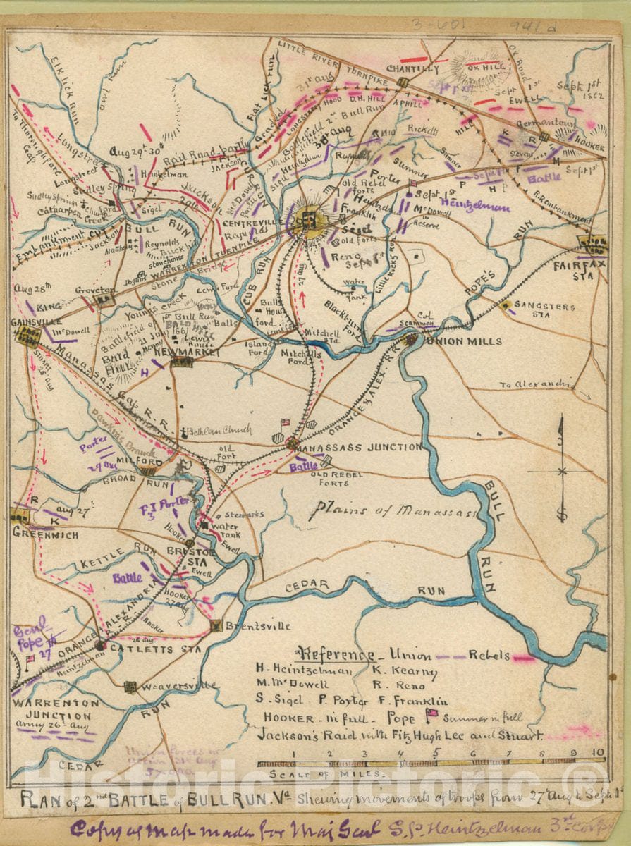 Historic 1862 Map - Plan of 2nd Battle of Bull Run, Va. : Shewing Movements of Troops from 27 Aug. to Sept. 1.