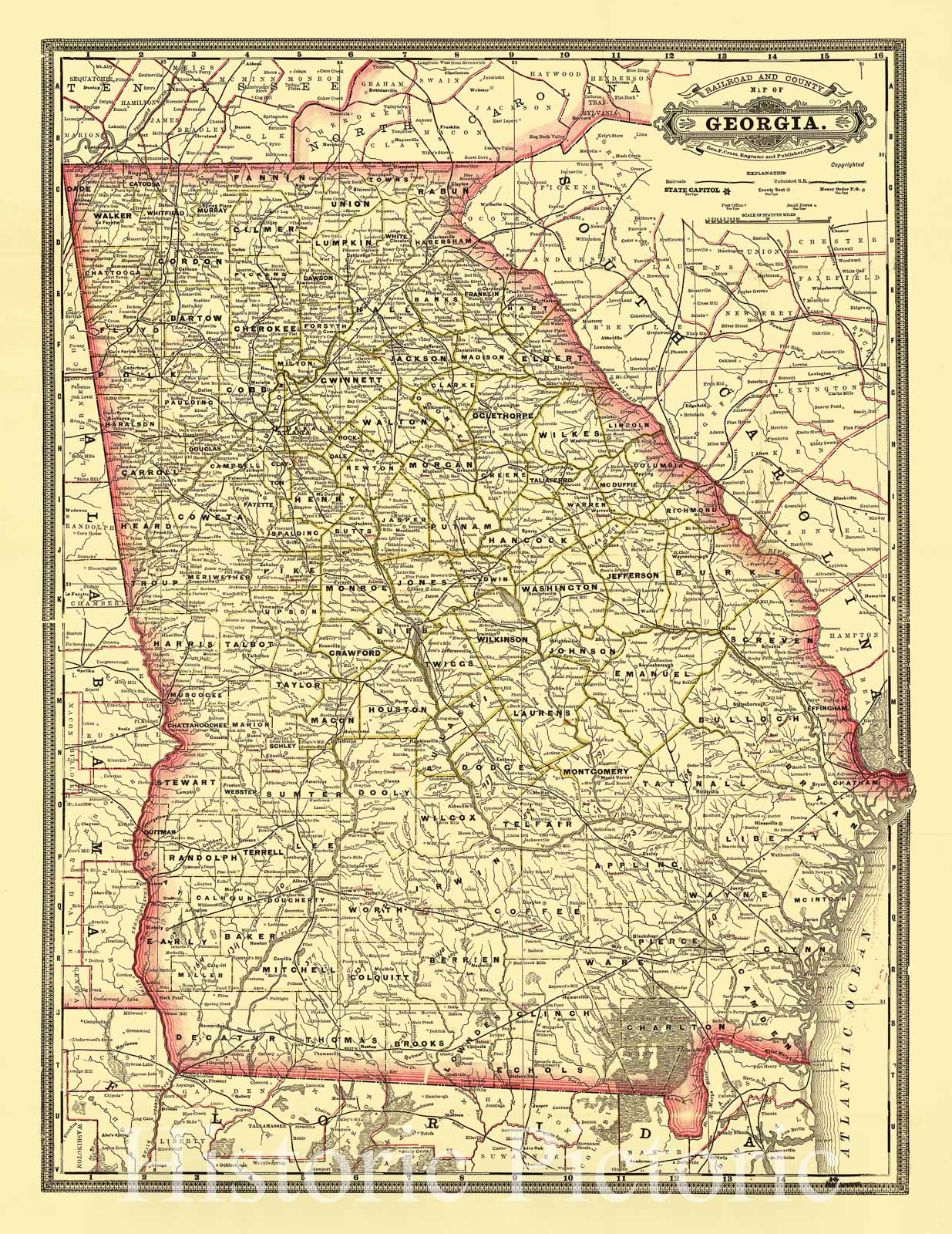 Historic 1883 Map - Indexed Railroad and County map of Georgia.