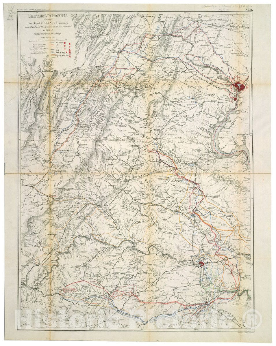 Historic 1866 Map - Central Virginia : Showing Lieut. Gen'l. U.S. Grant's Campaign and marches of The Armies Under his Command in 1864-5