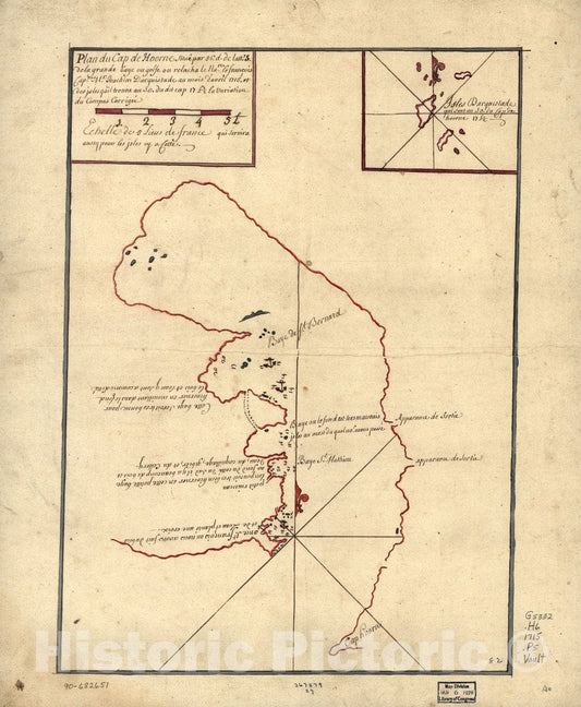 Historic 1715 Map - Plan du Cap de Hoorne situÃ© par 56. d. de latt. S. de la Grande Baye ou golfe ou relacha le Nare. le franÃ§ois Capne. Mr. Ioachim Darquistade au Mois d'avril 1715