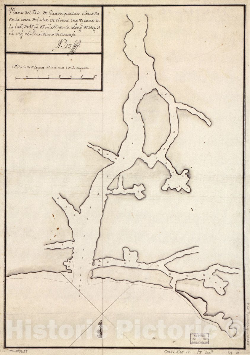 Historic 1700 Map - Plano del RÃ­o Guasaqualcos situado en la Costa del sur de el seno Mexicano en la latd. DE 17 gr. 57 m. N. y en la longd. de 281 g. 11 m. segn. el meridiano de Tenerife.