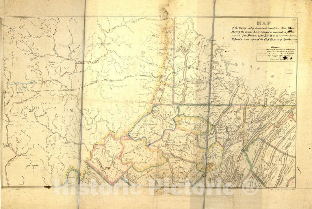 Historic 1843 Map - Map of The County west of Cumberland Towards The Ohio River, Showing The Various Lines surveyed or reconnoitred sic for The Extension of The Baltimore & Ohio