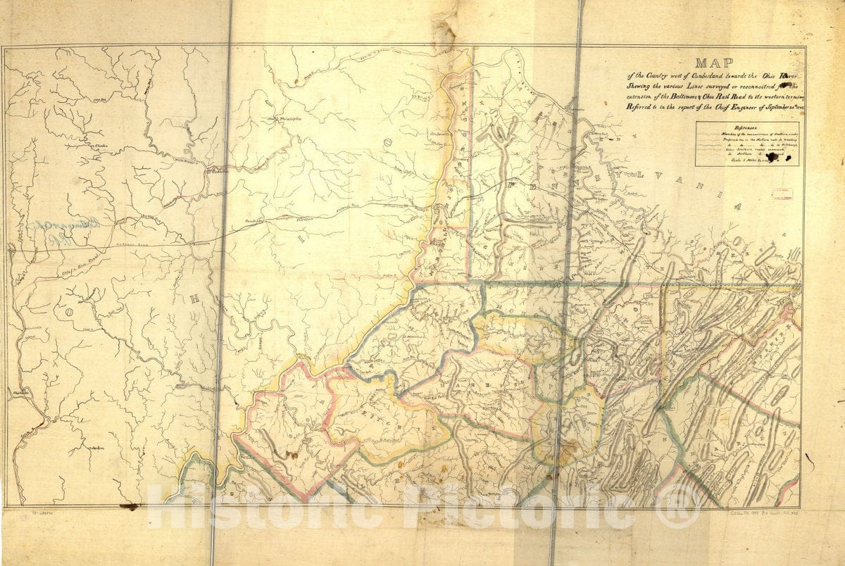 Historic 1843 Map - Map of The County west of Cumberland Towards The Ohio River, Showing The Various Lines surveyed or reconnoitred sic for The Extension of The Baltimore & Ohio