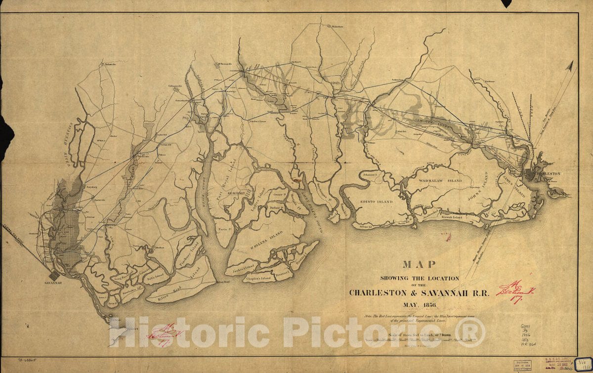 Historic 1856 Map - Map Showing The Location of The Charleston & Savannah R.R. May, 1856.