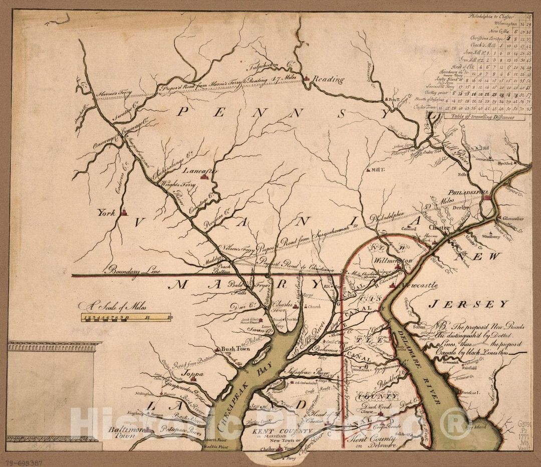 Historic 1771 Map - Map of Proposed Roads Through The Southeastern Part of Pennsylvania, The Northeastern Part of Maryland, and The Northern Part of Delaware