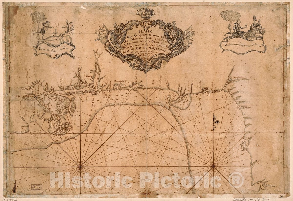 Historic 1776 Map - Plano que comprehende Parte del Seno Mexicano Desde la Bahia de la Asencion Hasta la Bahia de Tampa, con las sondas y embocaduras del Rio de Mississipi,