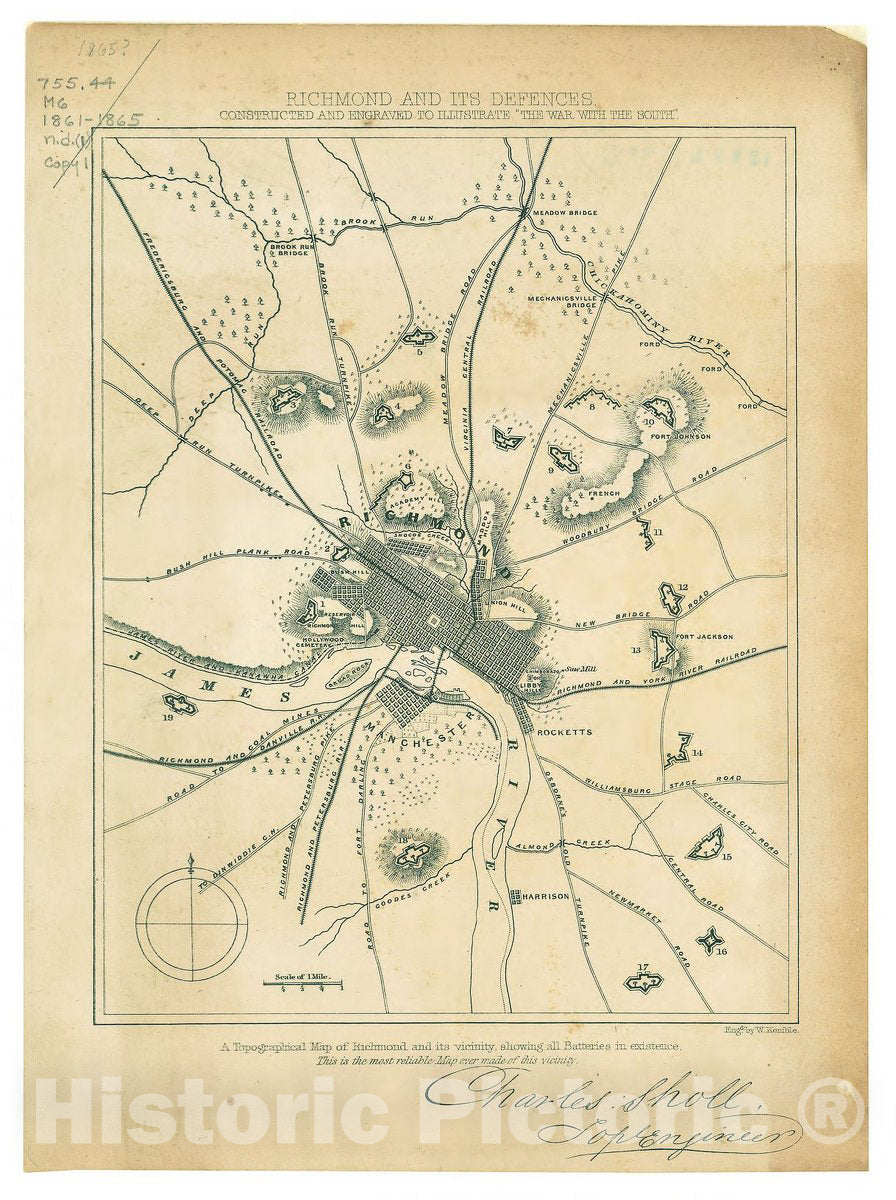 Historic 1862 Map - Richmond and its defences sic : Constructed and Engraved to illustrate;The war with The South;