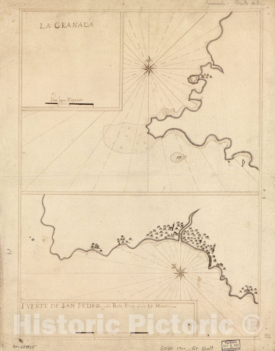 Historic 1700 Map - La Granada ; Fuerte de San Pedro y su rada en la Ysla de Martinica.