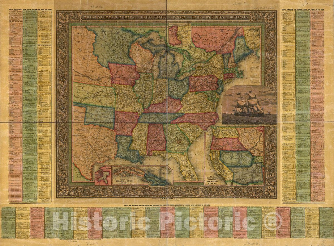 Historic 1855 Map - Williams' Commercial map of The United States and Canada with Railroads, Routes, and Distances,