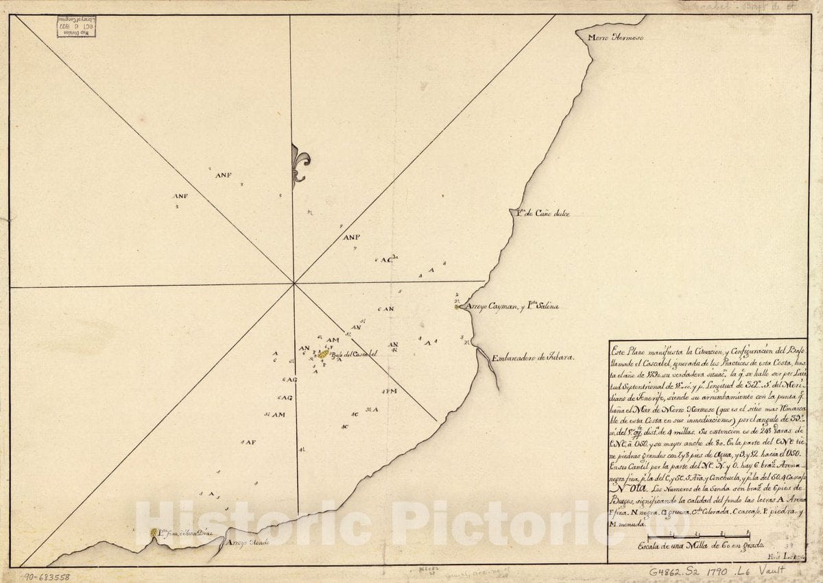 Historic 1790 Map - Este Plano manifiesta la cituaciÃ³n y configuraciÃ³n del Bajo llamado el Cascabel, ignorada de Los practicos de esta Costa, Hasta el aÃ±o 1790