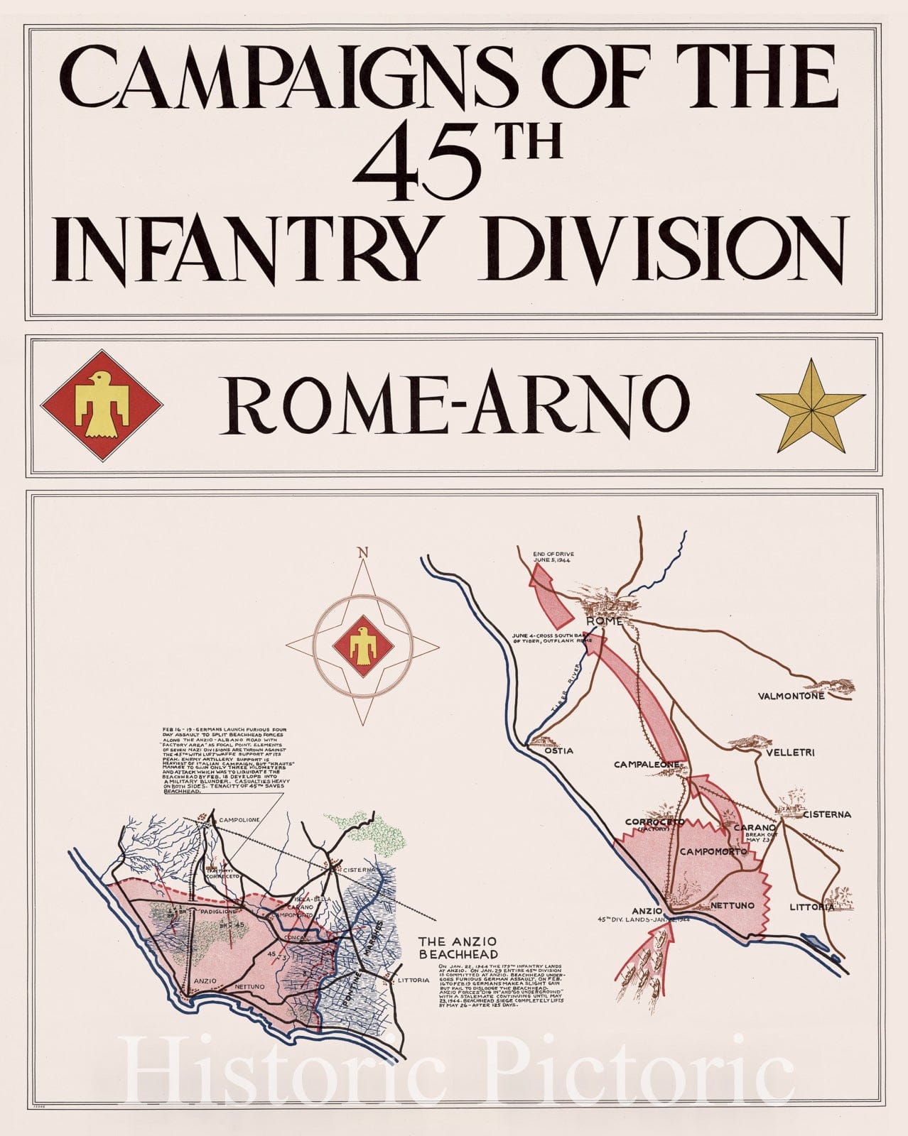 Historic Map - Campaigns of The 45th Infantry Division : Europe. - Rome- Arno - Campaigns of The Forty-Fifth Infantry Division