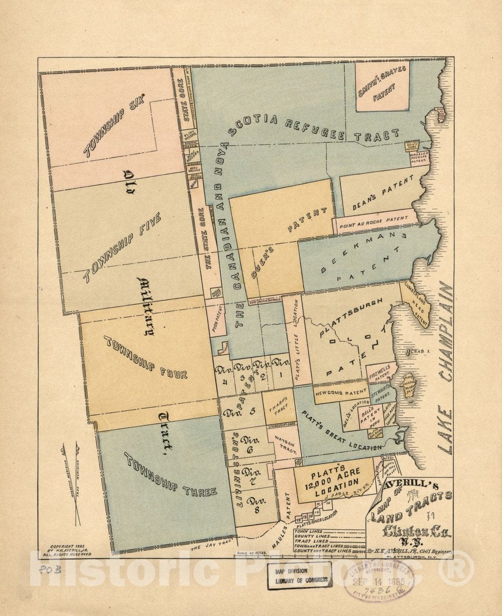 Historic 1885 Map - Averill's map of The Land tracts in Clinton County, N.Y.