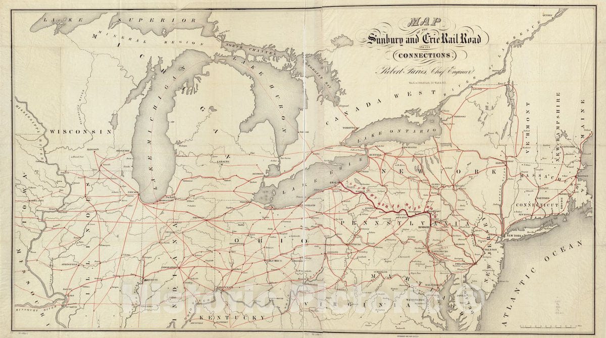 Historic 1850 Map - Map of The Sunbury and Erie Rail Road and its Connections.