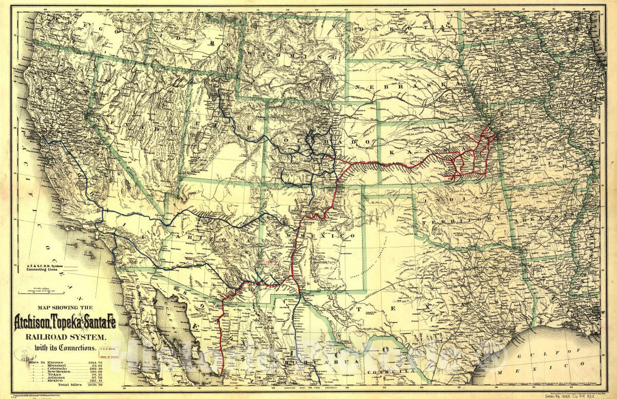 Historic 1883 Map - Map Showing The Atchison, Topeka and Santa FÃ© Railroad System, with its Connections.