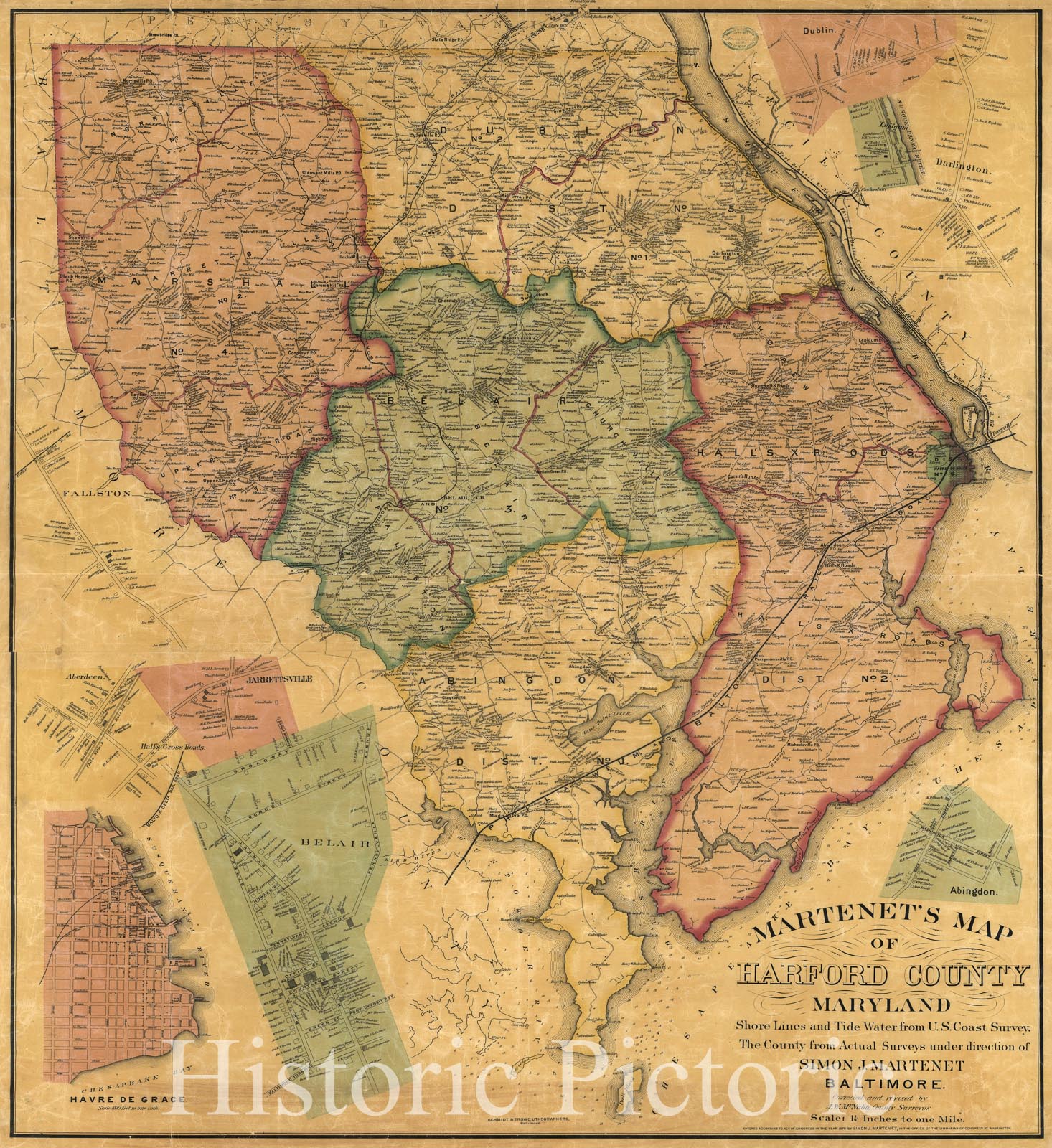 Historic 1878 Map - Martenet's Map of Harford County, Maryland : Shore Lines and Tide Water from U.S. Coast Survey, The County from Actual surveys