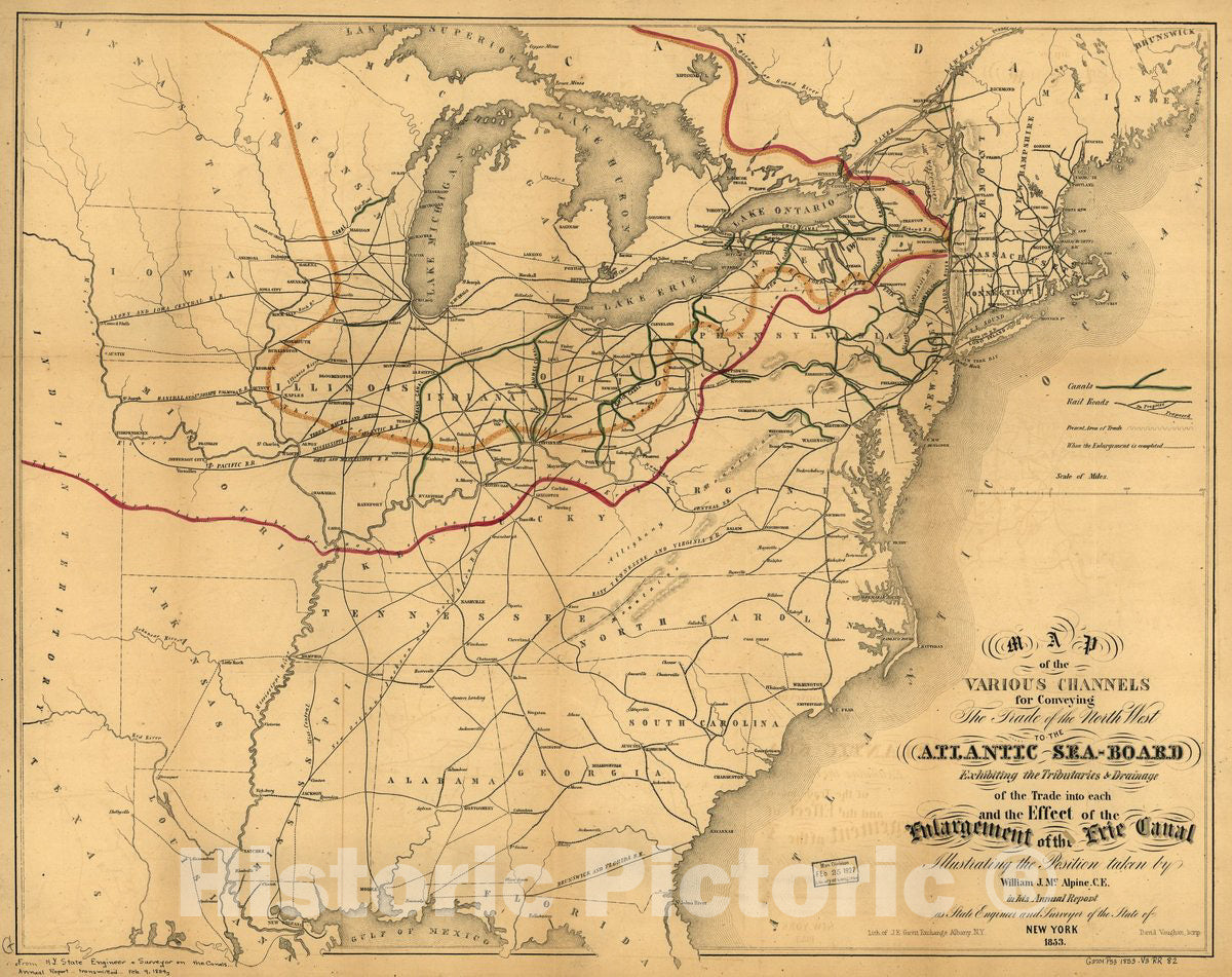 Historic 1853 Map - Map of The Various Channels for conveying The Trade of The North west to The Atlantic sea-Board exhibiting The Tributaries & Drainage of The Trade into Each