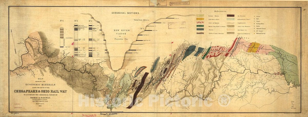 Historic 1872 Map - Map Showing The Economic Minerals Along The Route of The Chesapeake & Ohio Rail Way to accompany The Geological Report of Thomas S. Ridgway.