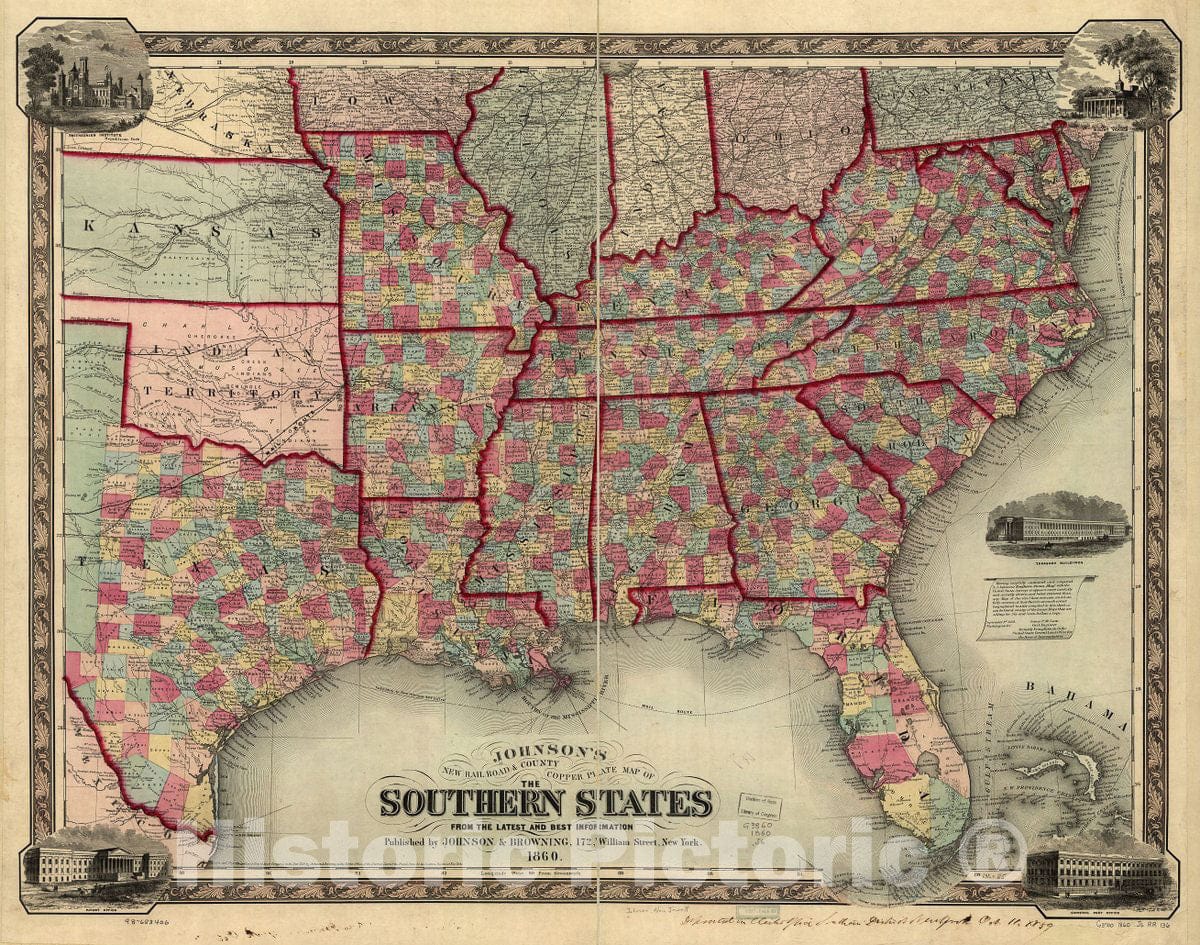 Historic 1860 Map - Johnson's New Railroad & County Copper Plate map of The Southern States from The Latest and Best Information.