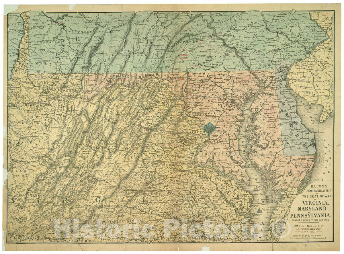 Historic 1863 Map - Bacon's Topographical map of The seat of war in Virginia, Maryland and Pennsylvania