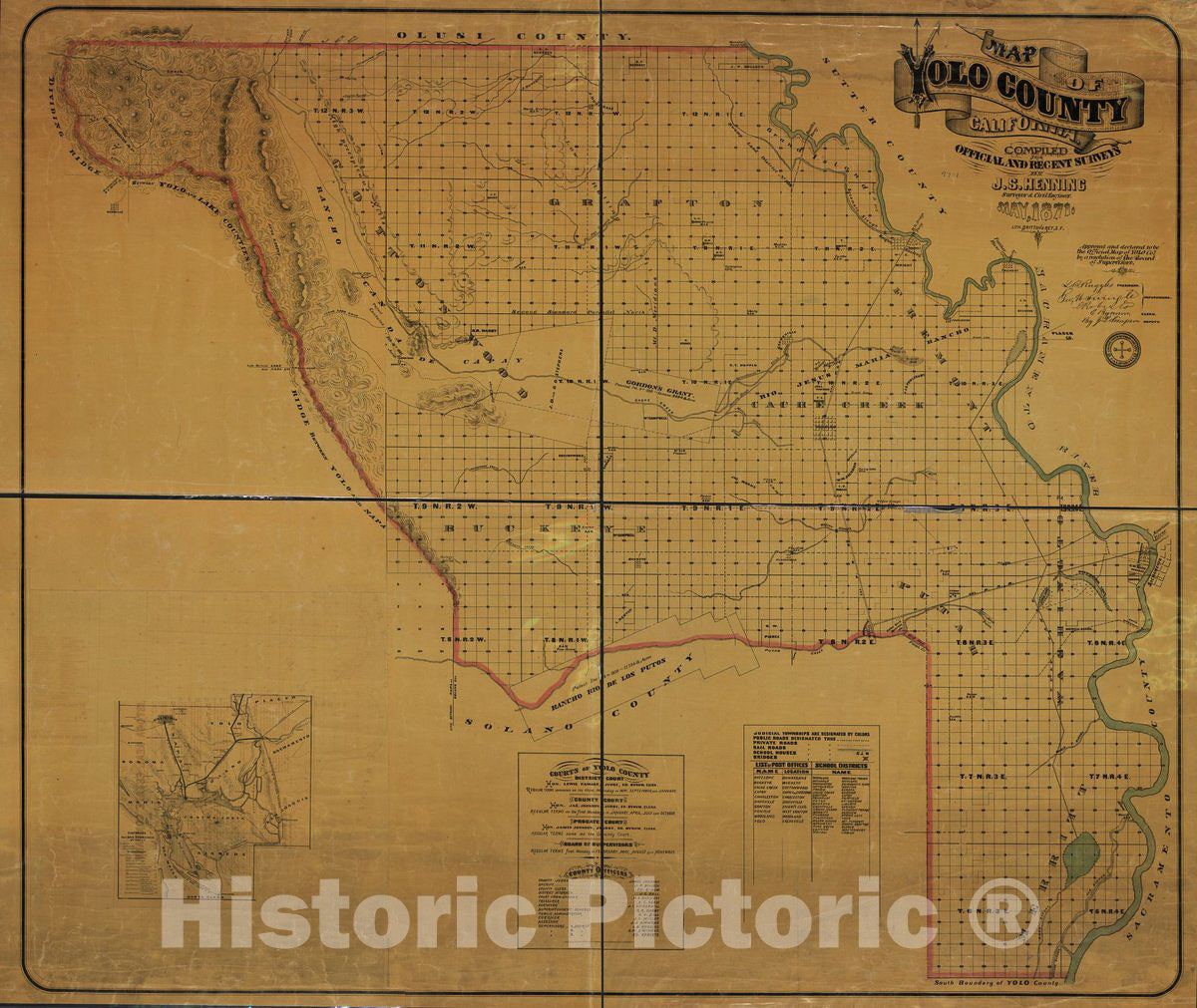 Historic 1871 Map - Map of Yolo County, California/compiled from Official and Recent surveys by J.S. Henning.