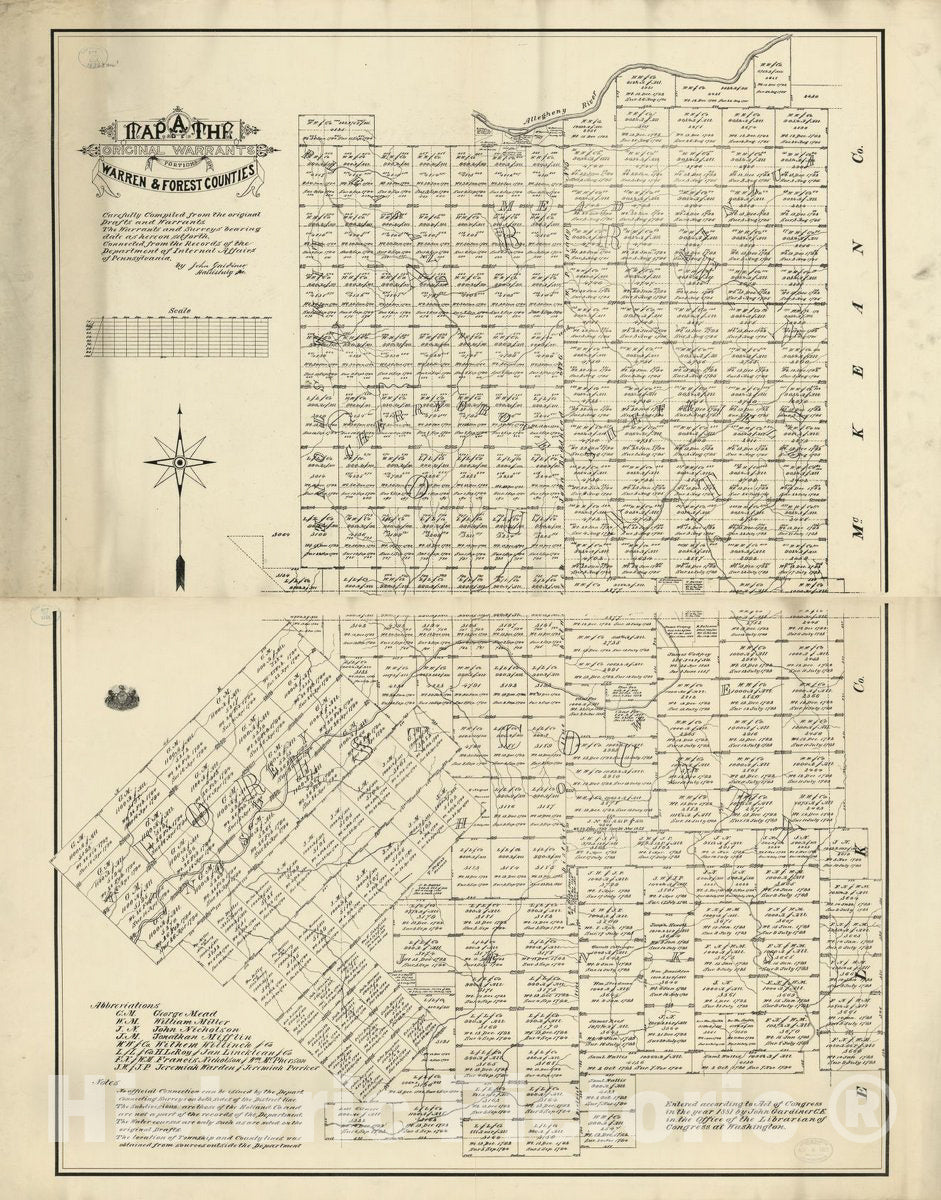 Historic 1881 Map - A map of The Original warrants of portions of Warren & Forest Counties : Carefully compiled from The Original drafts and warrants