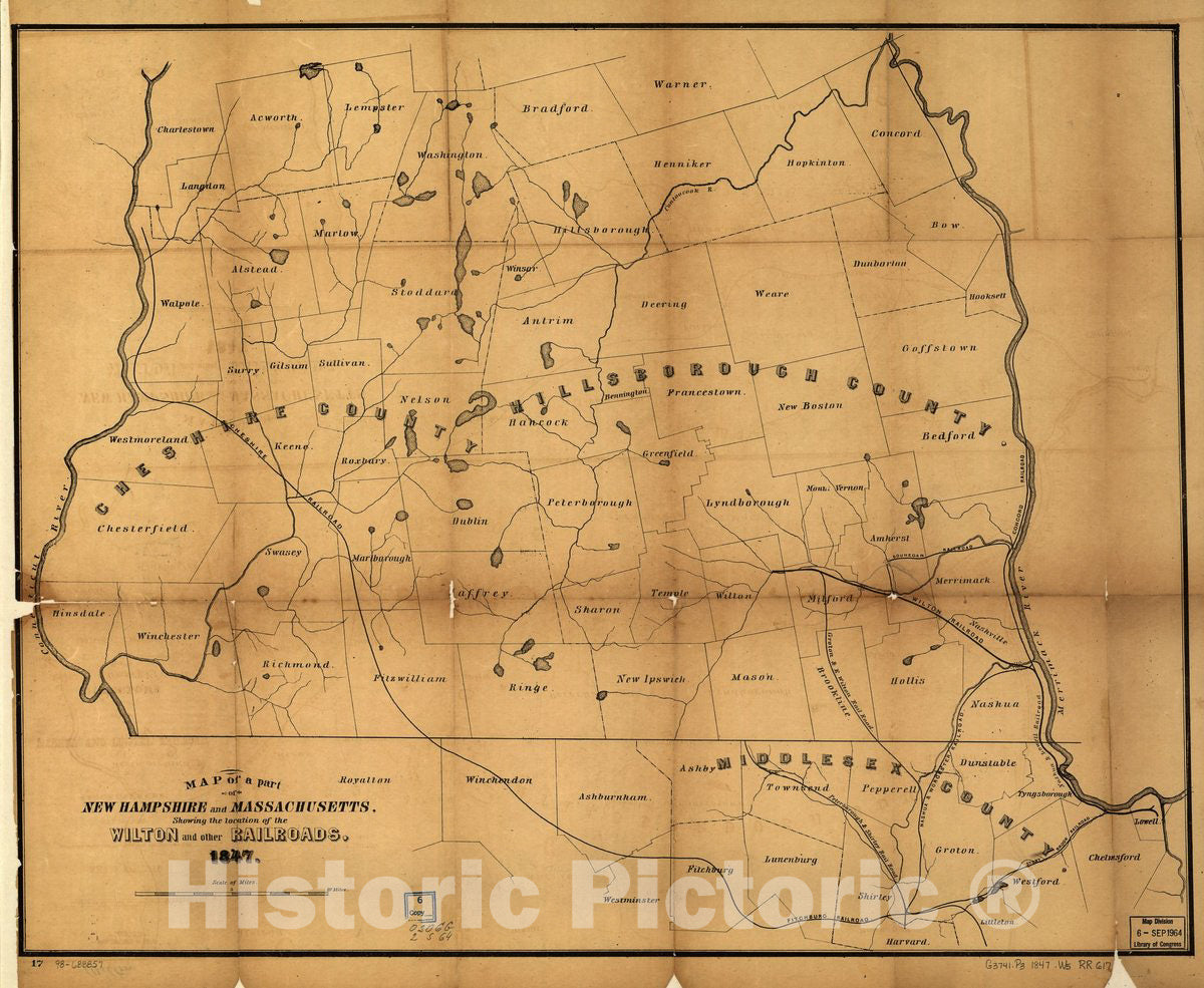 Historic 1847 Map - Map of Part of New Hampshire and Massachusetts, Showing The Location of The Wilton and Other Railroads.