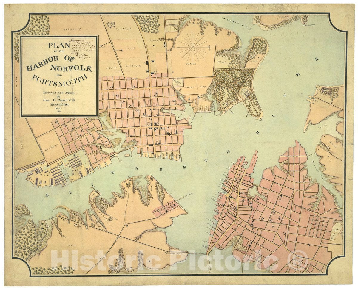 Historic 1861 Map - Plan of The Harbor of Norfolk and Portsmouth, March 1st, 1861