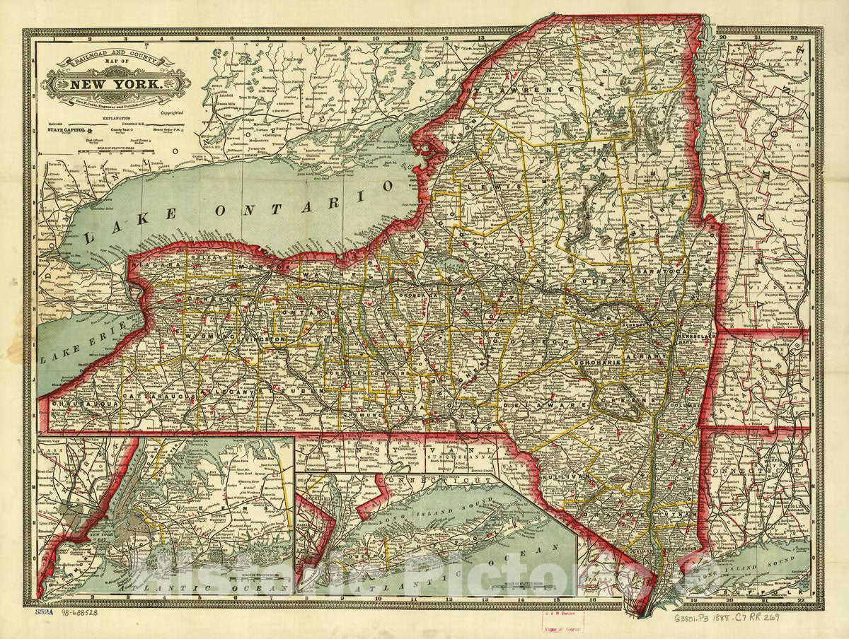 Historic 1888 Map - Cram's Township and Rail Road map of New York.