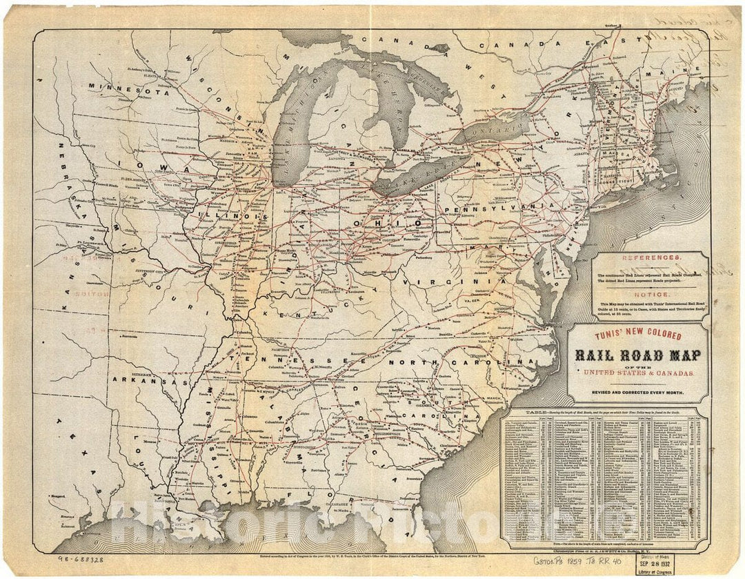 Historic 1859 Map - Tunis New Colored Rail Road map of The United States & Canadas; Revised and Corrected Every Month.
