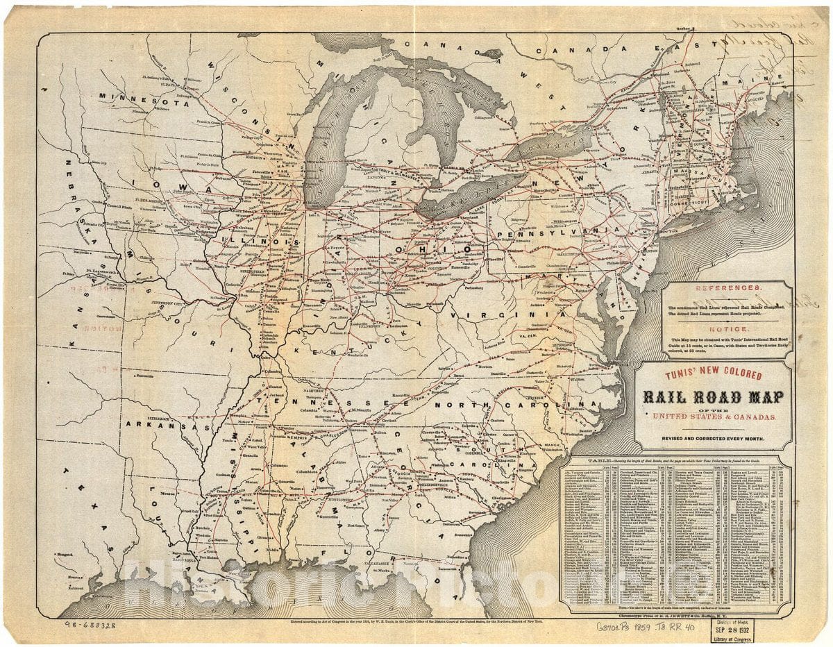 Historic 1859 Map - Tunis New Colored Rail Road map of The United States & Canadas; Revised and Corrected Every Month.