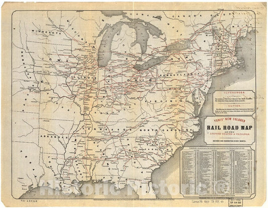Historic 1859 Map - Tunis New Colored Rail Road map of The United States & Canadas; Revised and Corrected Every Month.