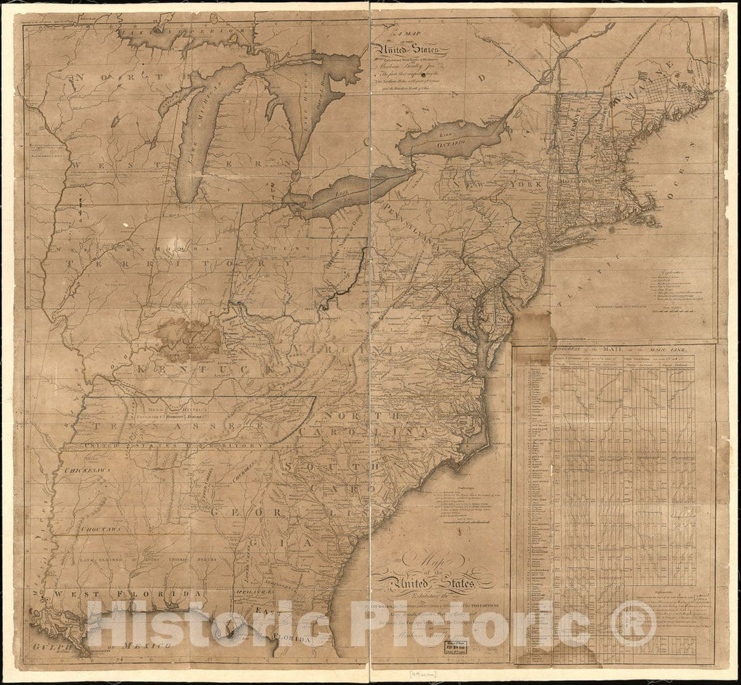 Historic 1796 Map - Map of The United States, exhibiting The Post-Roads, The situations, Connections & Distances of The Post-Offices, Stage Roads, Counties, Ports of Entry