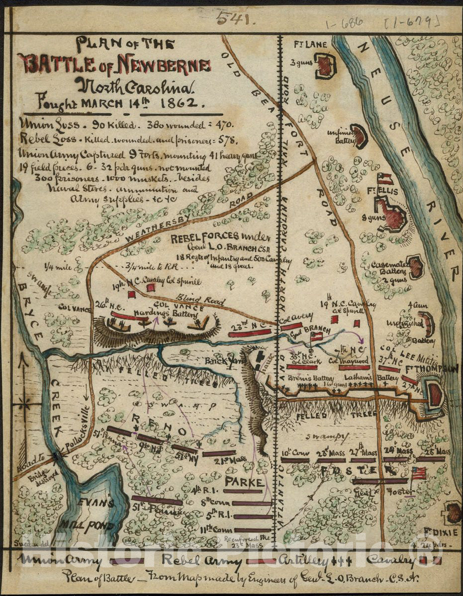 Historic 1862 Map - Plan of The Battle of Newberne ! North Carolina : Fought March 14th 1862.