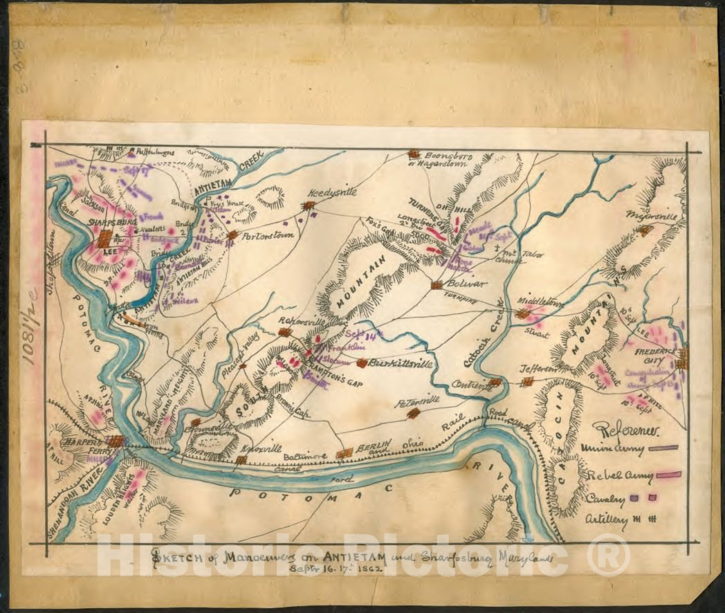 Historic 1862 Map - Sketch of manoeuvers sic on Antietam and Sharpsburg Maryland : Septr 16-17th 1862.
