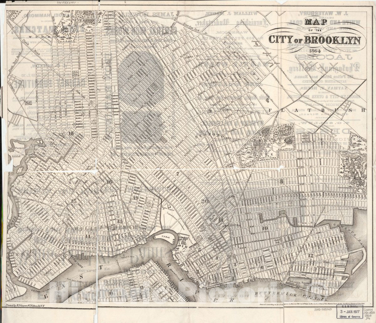 Historic 1864 Map - Map of The City of Brooklyn.