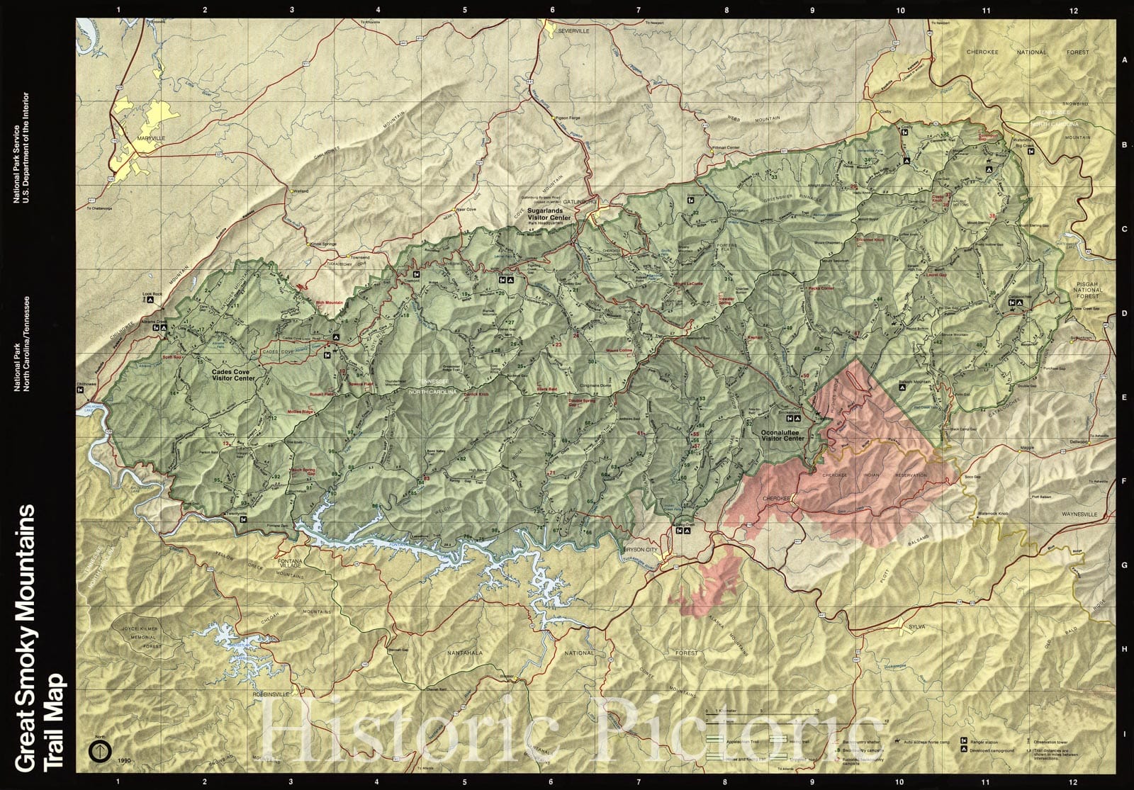 Historic 1990 Map - Great Smoky Mountains National Park, North Carolina/Tennessee, Trail map