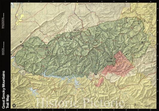 Historic 1990 Map - Great Smoky Mountains National Park, North Carolina/Tennessee, Trail map