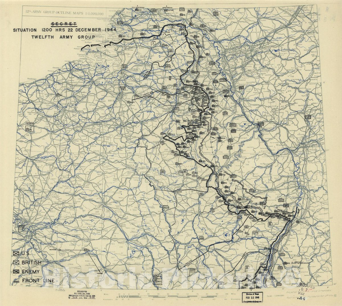 Historic 1944 Map - December 22, 1944, HQ Twelfth Army Group Situation map.