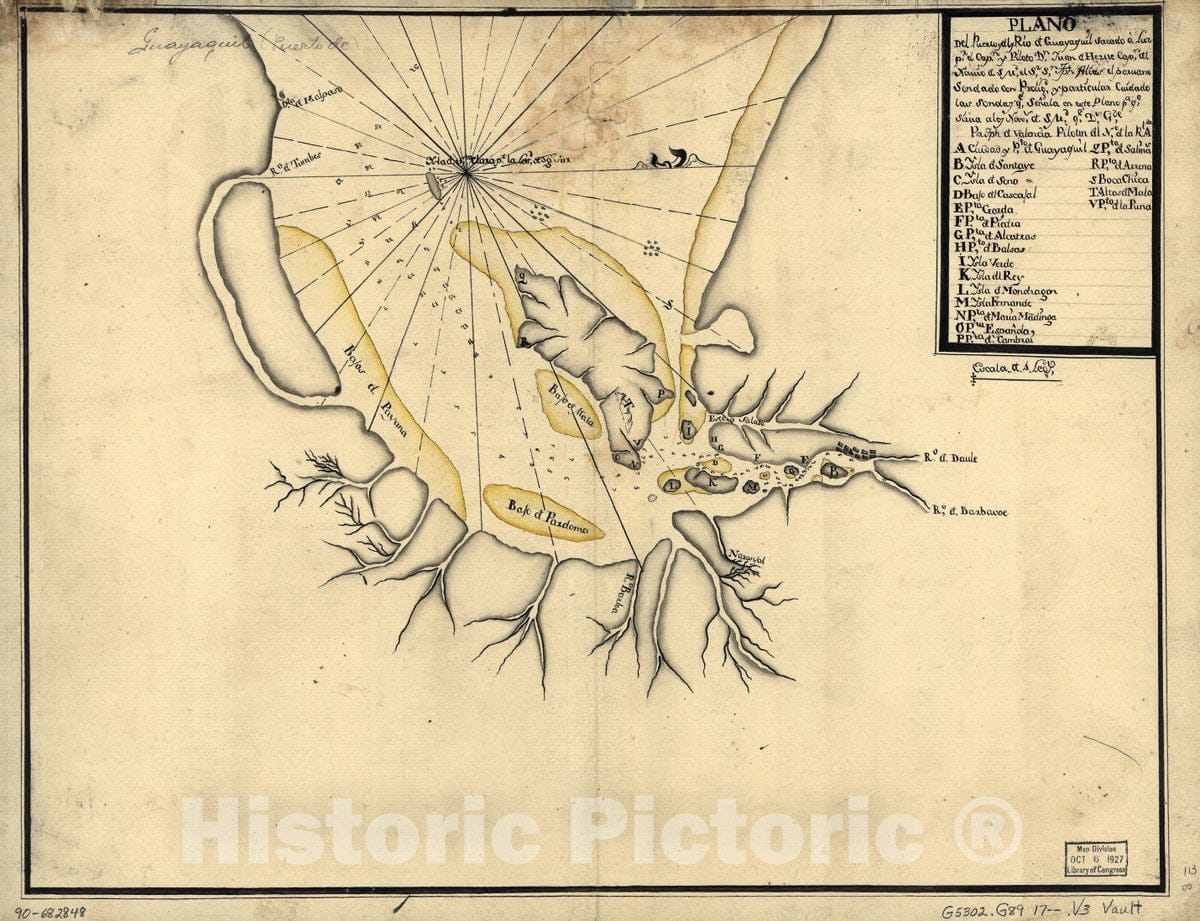 Historic 1700 Map - Plano del Puerto y dl. y RÃ­o d. Guayaquil sacado a lwz pr. el Capn. y Piloto Dn. Juan d. Herue, capn. dl. Navio d. S Md, el Sr. Sn. Jph. Alias
