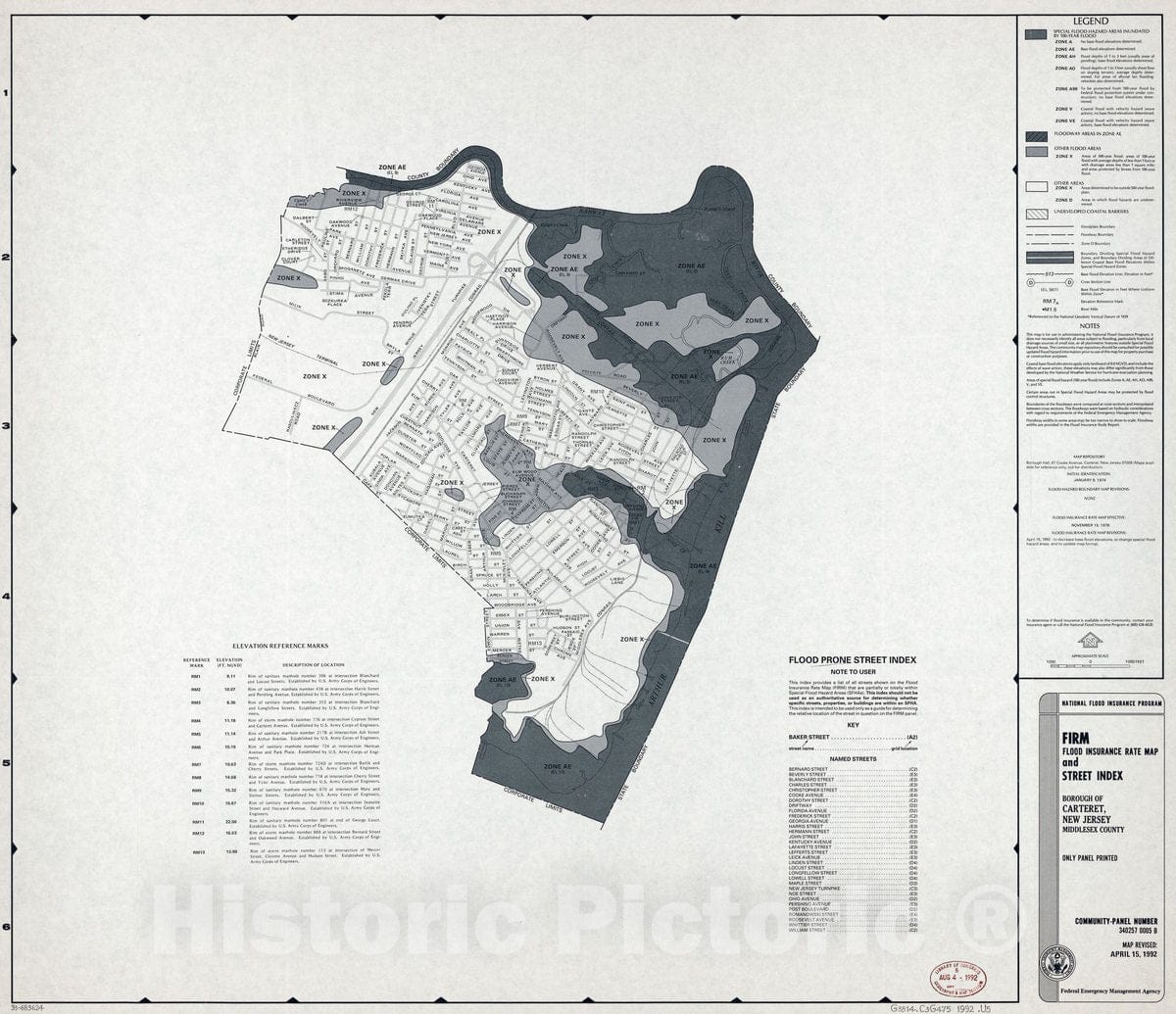 Historic 1992 Map - Firm, Flood Insurance Rate map and Street Index, Borough of Carteret, New Jersey, Middlesex County