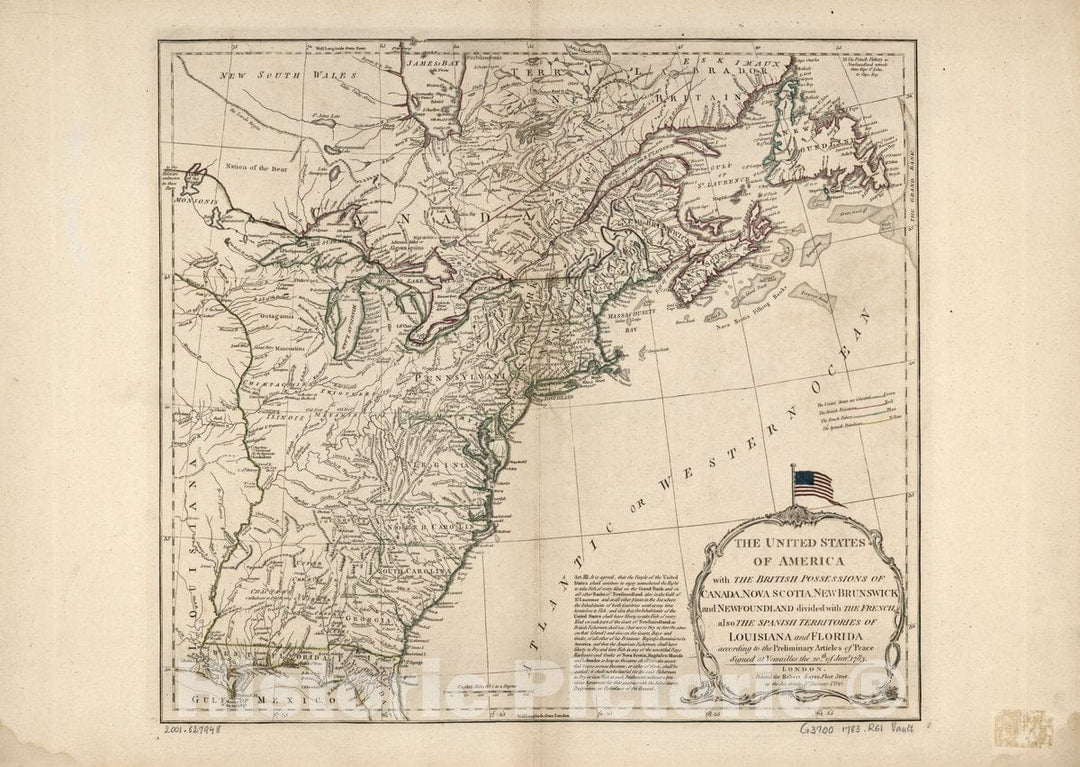 Historic 1783 Map - The United States of America with The British Possessions of Canada, Nova Scotia, New Brunswick and Newfoundland Divided with The French, Also The Spanish Territories