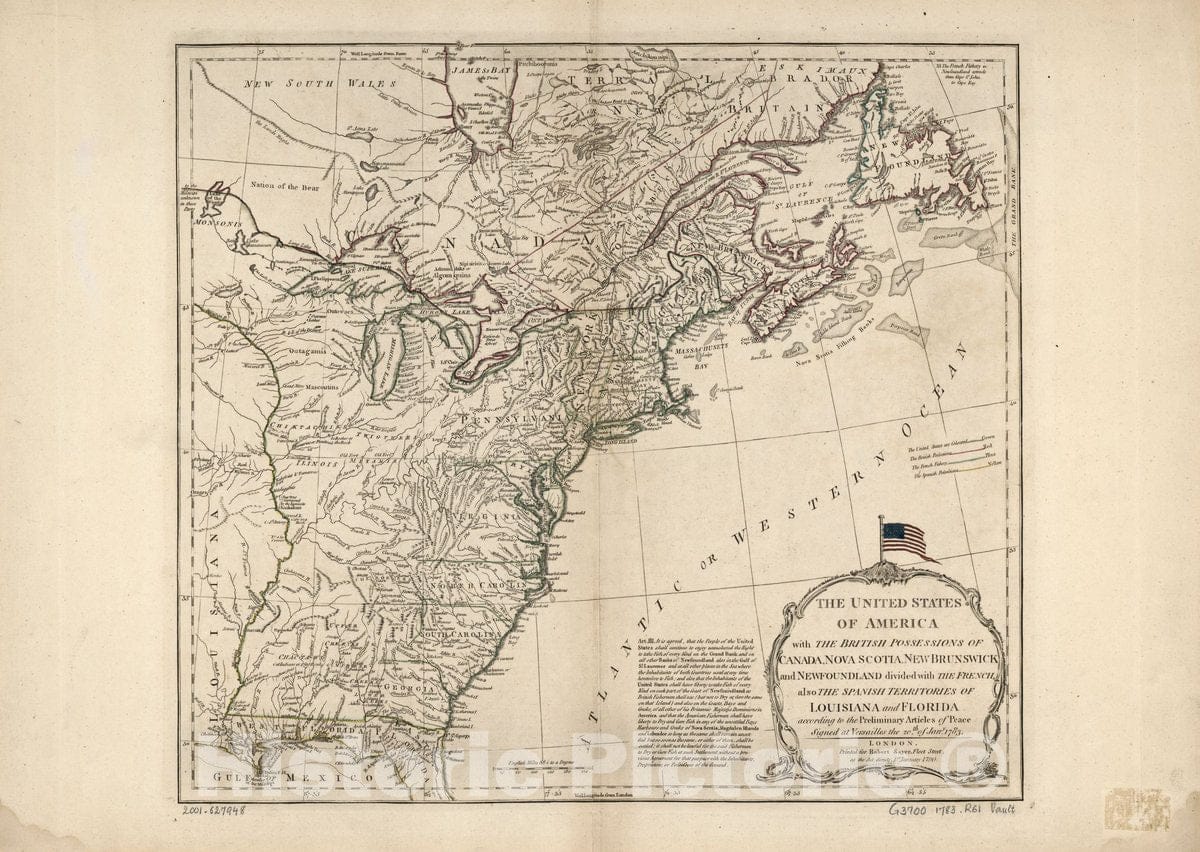 Historic 1783 Map - The United States of America with The British Possessions of Canada, Nova Scotia, New Brunswick and Newfoundland Divided with The French, Also The Spanish Territories