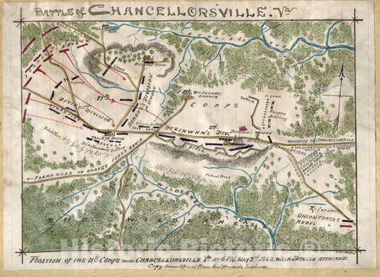 Historic 1863 Map - Battle of Chancellorsville, Va. :