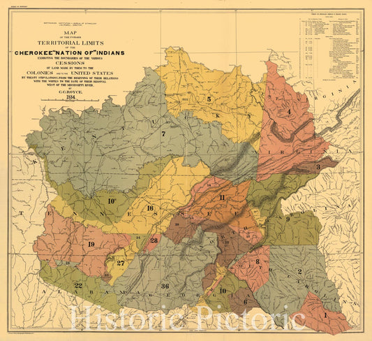 Historic 1884 Map - Map of The Former territorial Limits of The Cherokee;Nation of; Indians ; Map Showing The Territory Originally assigned Cherokee;Nation of; Indians.