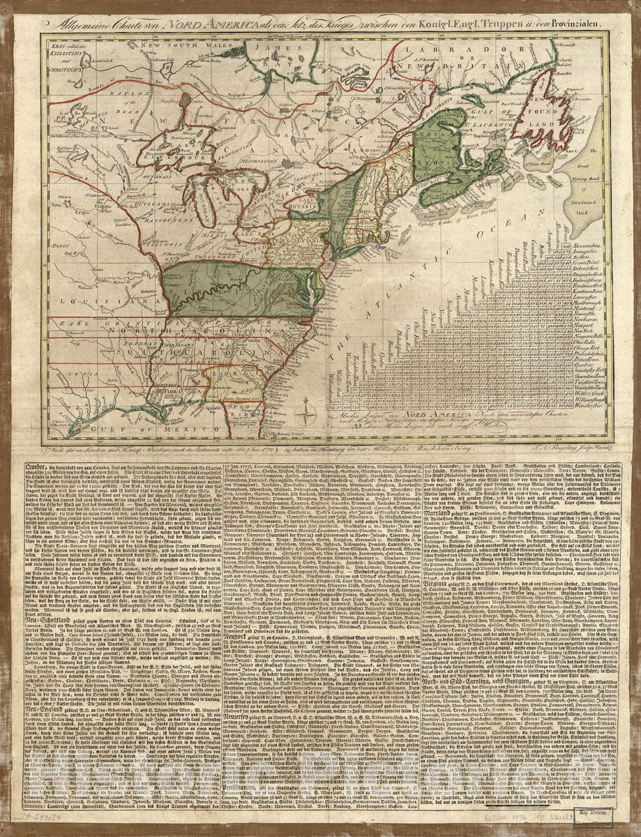Historic 1776 Map - Allgemeine Charte Nord America ALS den Sitz des Krieges zwischen den Konigl. ENGL. Truppen u:den Provinzialen.